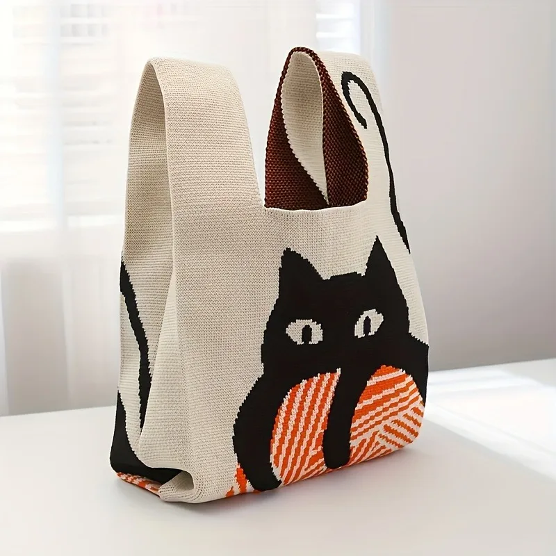 1pc Casual Cat Pattern Jacquard Satchel Bag, Lightweight Shopping Handbag, Versatile Small Handbag