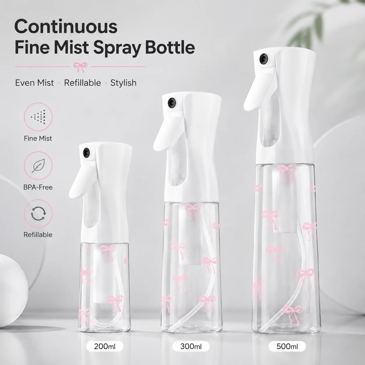 Flacon pulvérisateur à brume fine avec nœud mignon 200/300/500 ml, vaporisateur continu rechargeable pour cheveux, peau, plantes, nettoyage et voyage