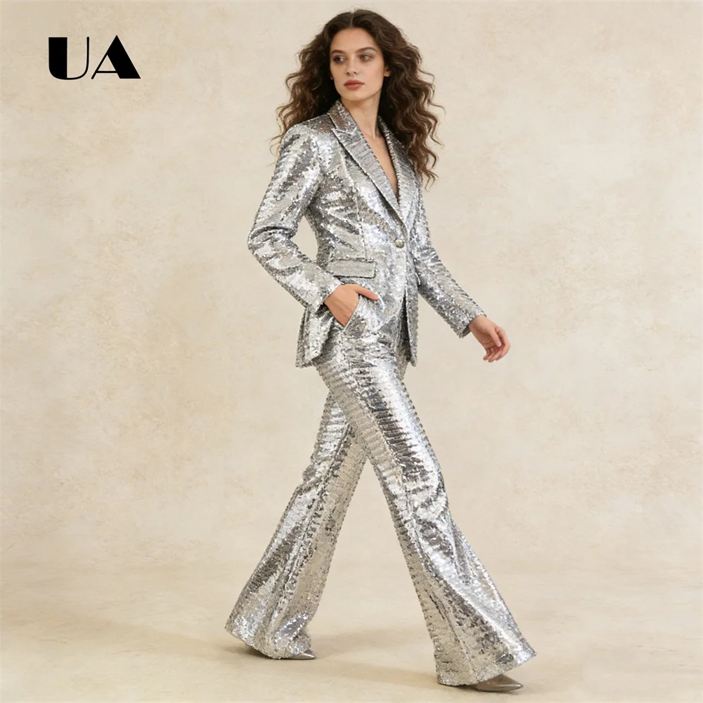 Ladies Silver Sequin Blazer & Flared Pants 2-Piece Set Sparkly Long-Sleeve Single-Breasted Formal Evening Prom Party Clubwear
