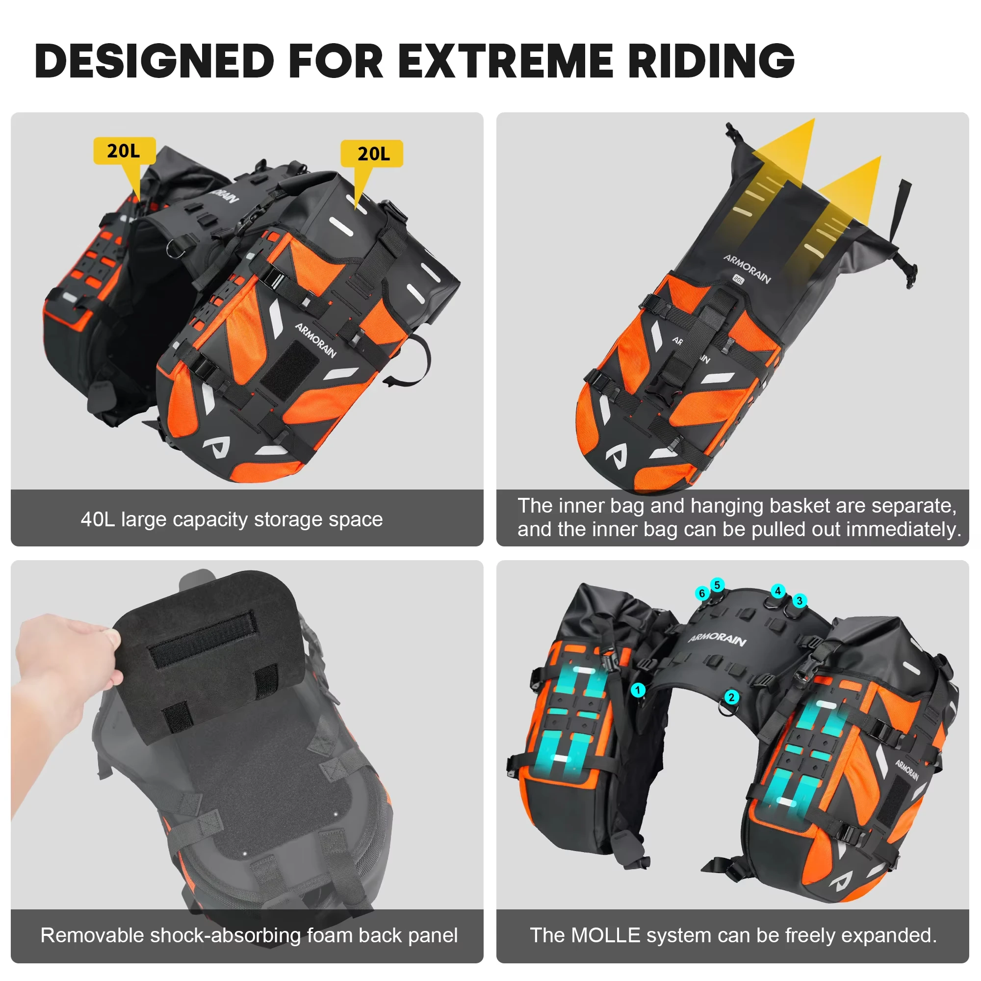 Motorcycle Saddle Bags Waterproof Side Luggage Bags 40L Lightweight Motorcycle Side Panniers for Cross Country Riding Toolkit view 3