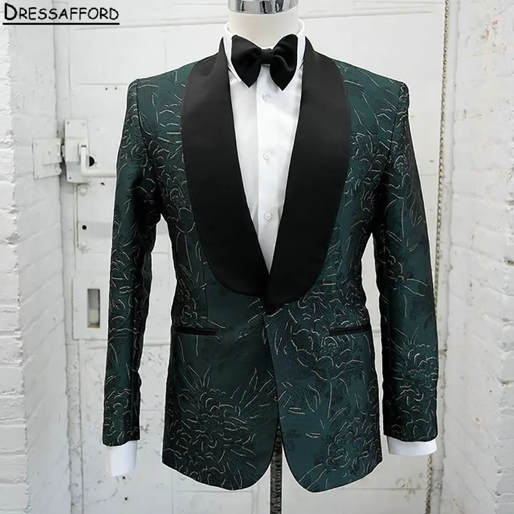 Emerald Green Men Suits For Wedding Jacquard Groom Tuxedos 2 Pieces Jacket Pants Prom Blazers Customized