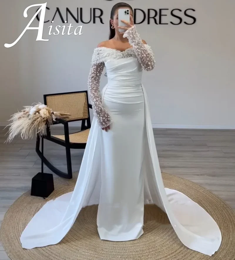 Arabic Evening Dress for V-Neck Wedding Party Long Sleeves Off Shoulder 2025 Pearls Stretchy Mermaid Customized Prom Gown