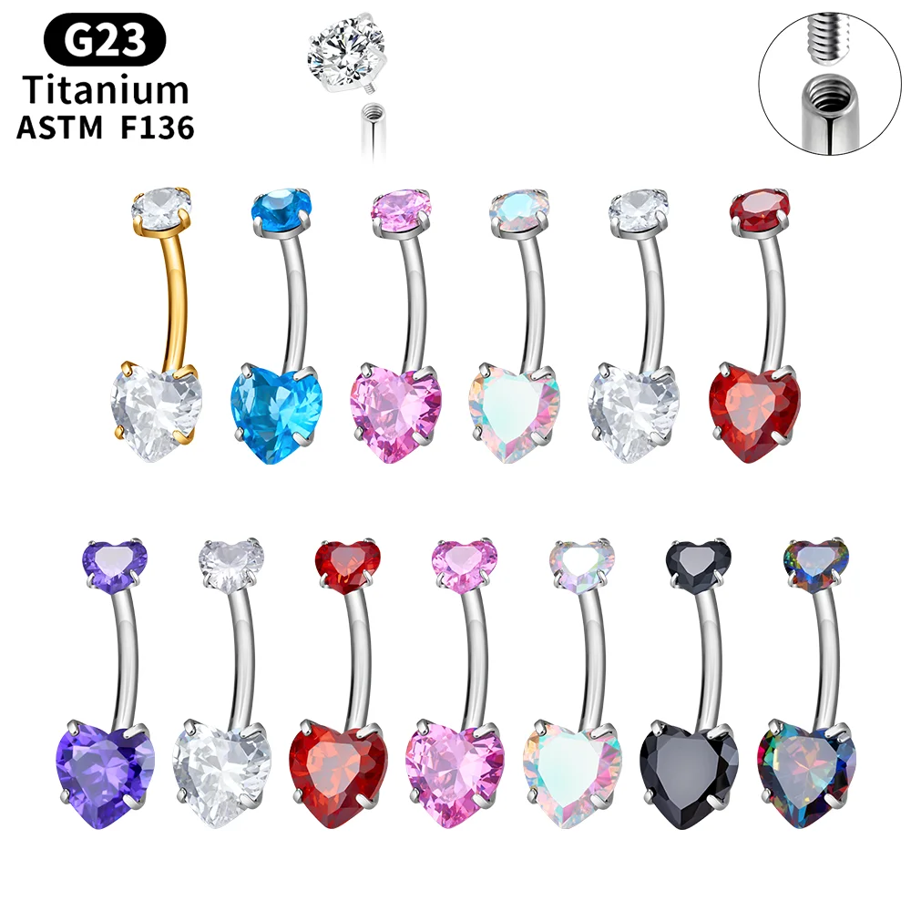 

G23 Titanium Belly Button Ring Double Heart Zircon Navel Bars Dangle Curved Barbells 14G Sexy Women Girls Body Piercing Jewelry