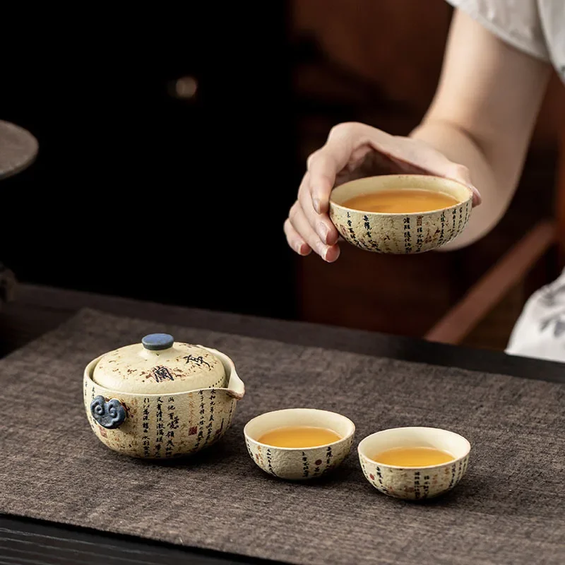 Orchid Pavilion Preface Calligraphy Blue and White Flint Red Travel TeaSet Outdoor Camping Portable 1Pot 3Cup Ceramic ExpressCup
