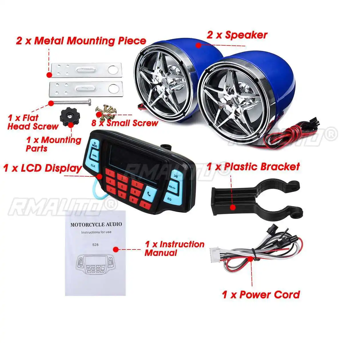 Motorcycle bluetooth Audio Sound System FM Radio MP3 Music Player W/2 Amplifier Speakers for Scooter ATV Quad