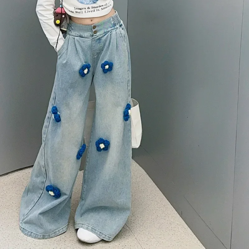 2026 Spring Girls Jeans Floral Embroidered Trendy Wide-Leg Denim Pants for Kids Stylish Daily Casual Children Trousers 8 10 12 Y