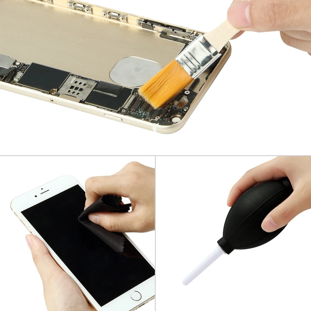 Microfiber Pano Poeira Cleaner Kit, 3in 1, Nylon Brushes, Air Blower, Bomba Limpa para a tela do iPhone, Lente da câmera, Motherboard Tools