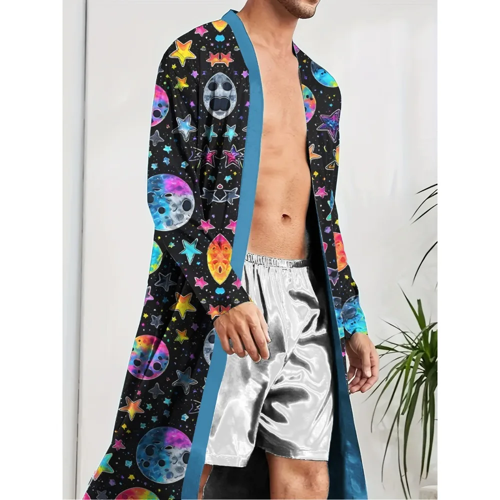 

Мужской длинный халат с цифровой печатным рисунком планеты, веселый спальный халат для отдыха и развлечений дома.