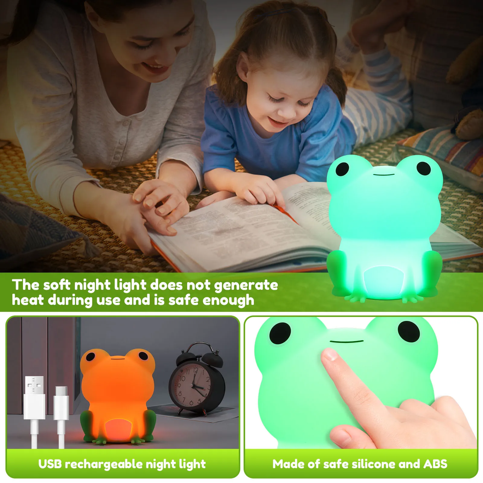 Kids Night Light 1200mAh Rechargeable Frog Night Lamp Light Portable Colour Changeable Silicone Nursery Light for Desk Bedside