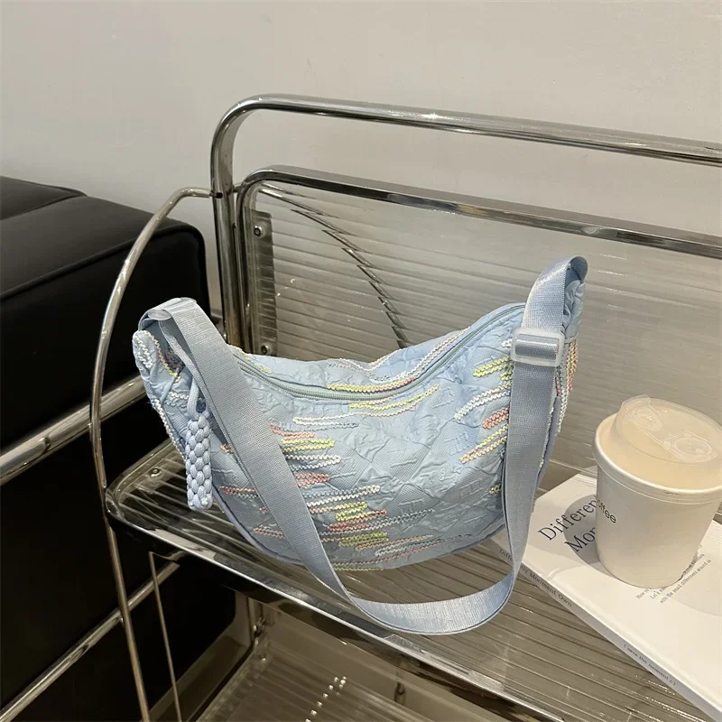 Striped embroidered messenger bag dopamine niche design nylon cloth wide shoulder strap casual dumpling bag