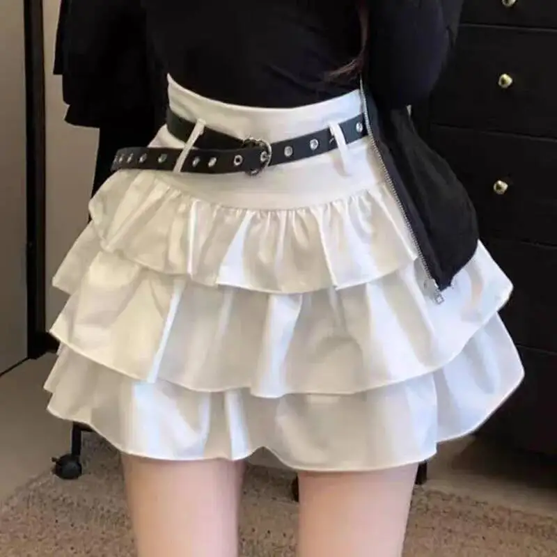 Korean Sweet Mini Skirt With Sashes Spliced Ruffles High Waist All-match Women Cake Skirts  Summer New Tide