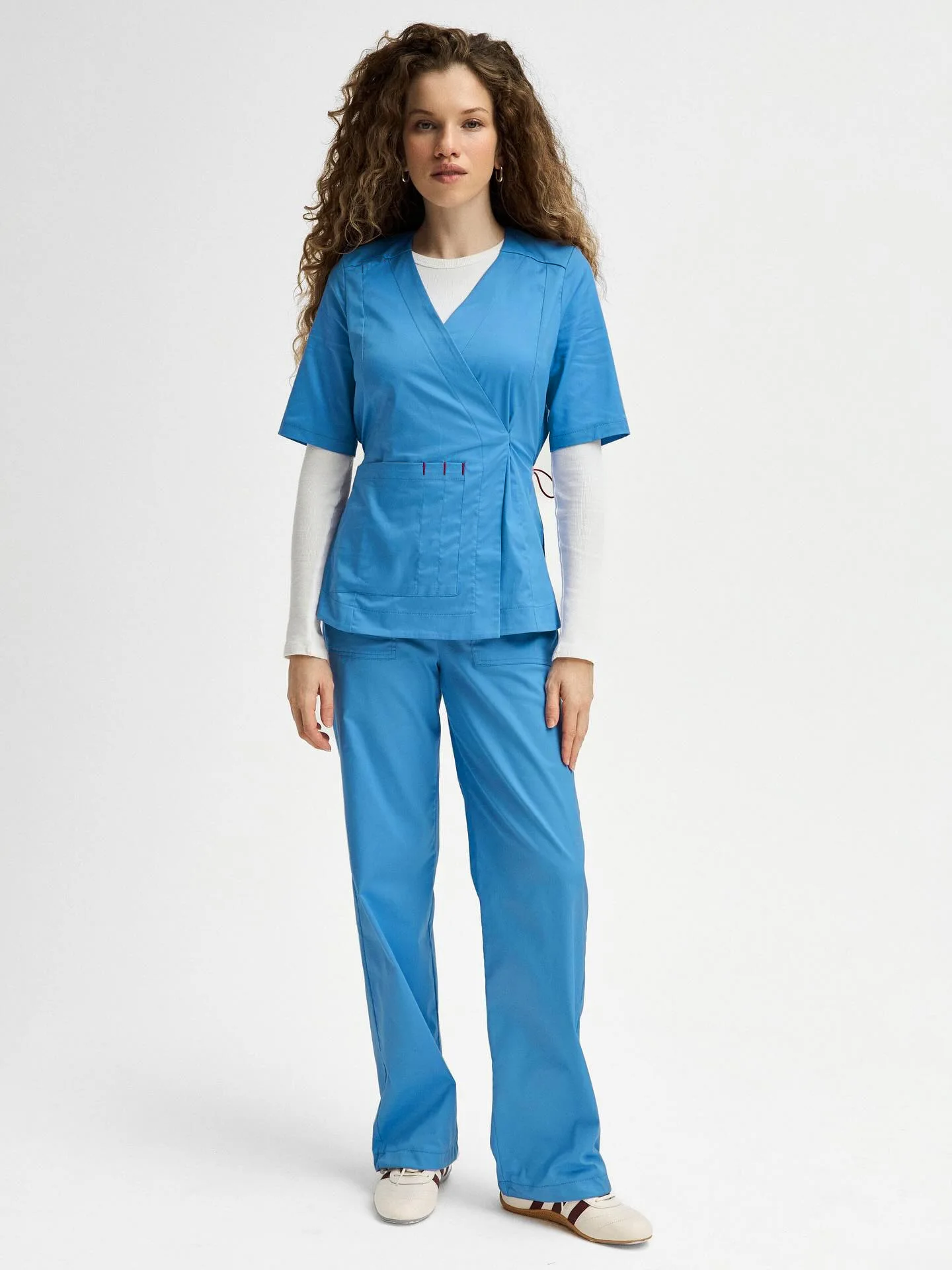 Scrub Uniform Set Stretch Moisture Wicking Breathable Short Sleeve    Top  Straight Wide Leg Pants    Two Piece Work Outfit - view 3