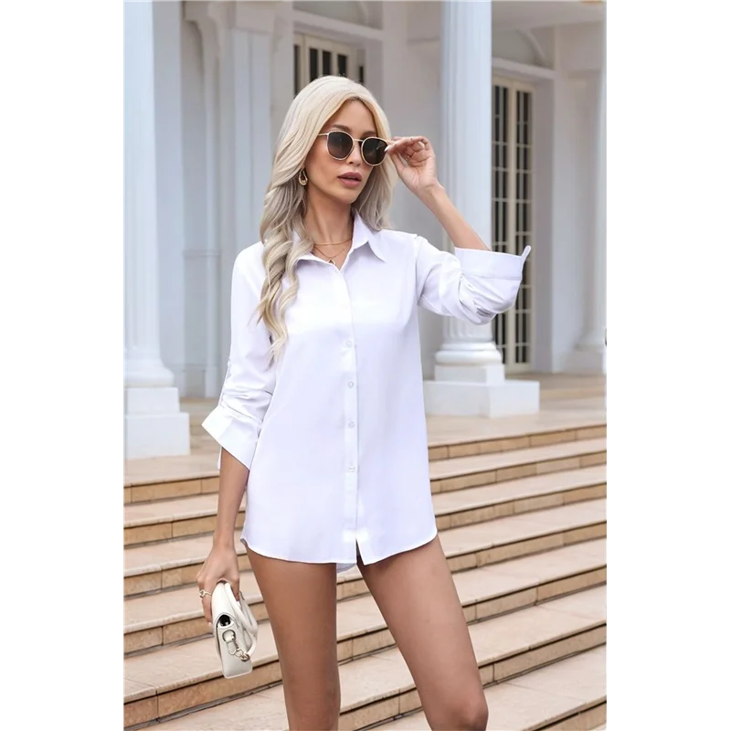 ABRT-Damska koszula z długim rękawem, rozciągliwa, zapinana na guziki, miękka, podstawowa, niezmarszczająca się, do pracy, biznesowa, formalna, codzienna bluzka