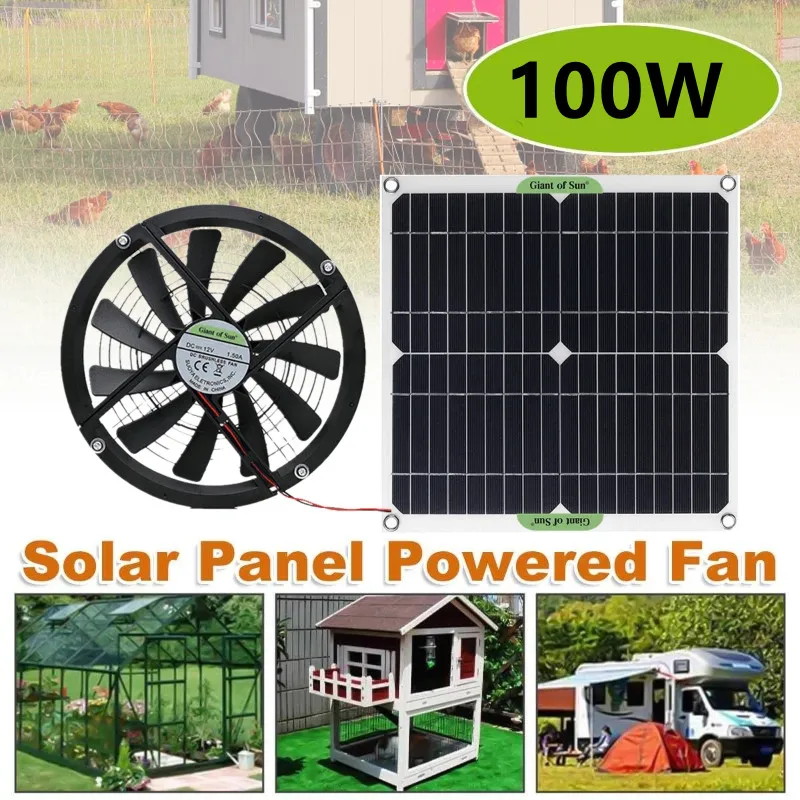 100W 12V Solar Exhaust Fan Air Extractor 10 Inch Mini Ventilator Solar Panel Power Supply Fan Dog Chicken Coop Greenhouse RV