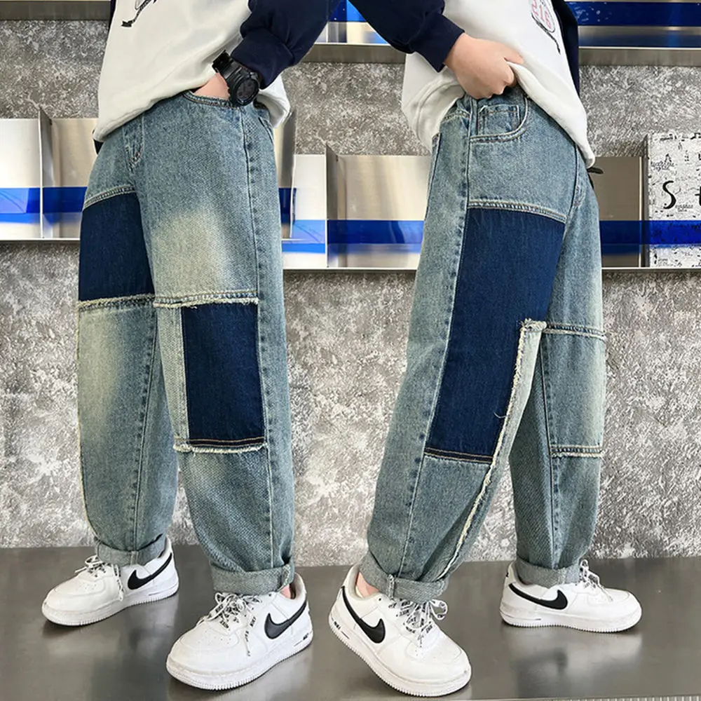 Kids Fashion Spring Patchwork Regular Jeans for Teenager Boys Casual Trousers School Children Hip Hop Street Denim Pants 5-14Y