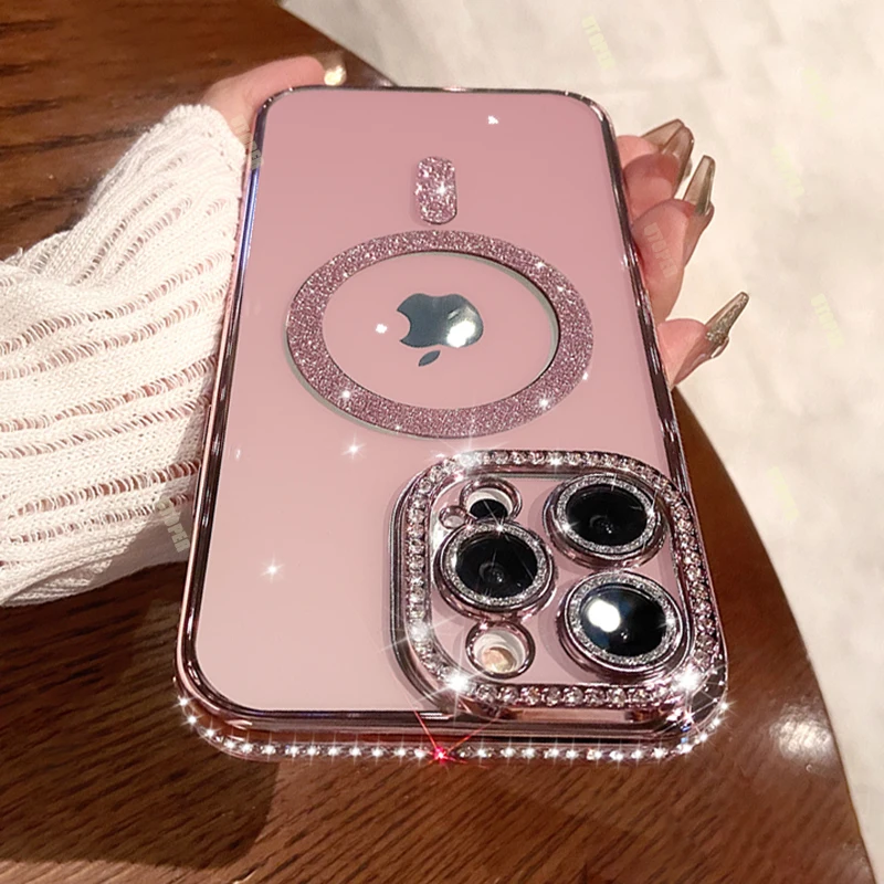 Fashion Pink Clear Diamond Glitter Case For IPhone 15 11 12 13 14 Pro Max 15 Plus Magsafe Magnetic Wireless Charging Cover Cases