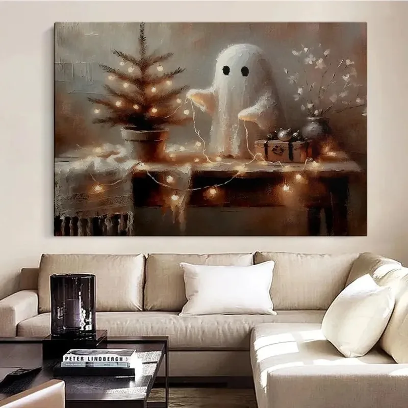 Ghost Christmas Wall Art, Spooky Holiday Decor Print, Cozy Ghost Canvas, Cute Winter Ghost Painting, Christmas Spirit Poster
