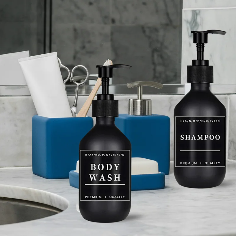 2 Pack 300ML Soap Dispenser With 12 Waterproof Labels Empty Pump Bottles Shampoo Conditioner Lotion Refillable Container