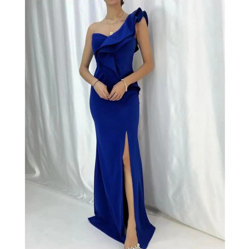 

Vintage Long One Shoulder Velvet Evening Dresses Sleeveless with Slit Mermaid Ruffled Sweep Train فستان سهره