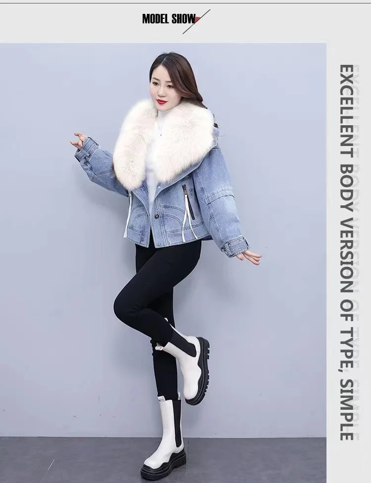 2023 Winter Women\'s New Luxury Natural Fox Fur Large Collar Goose Down Denim Down Coat Short Warm Casual Coat