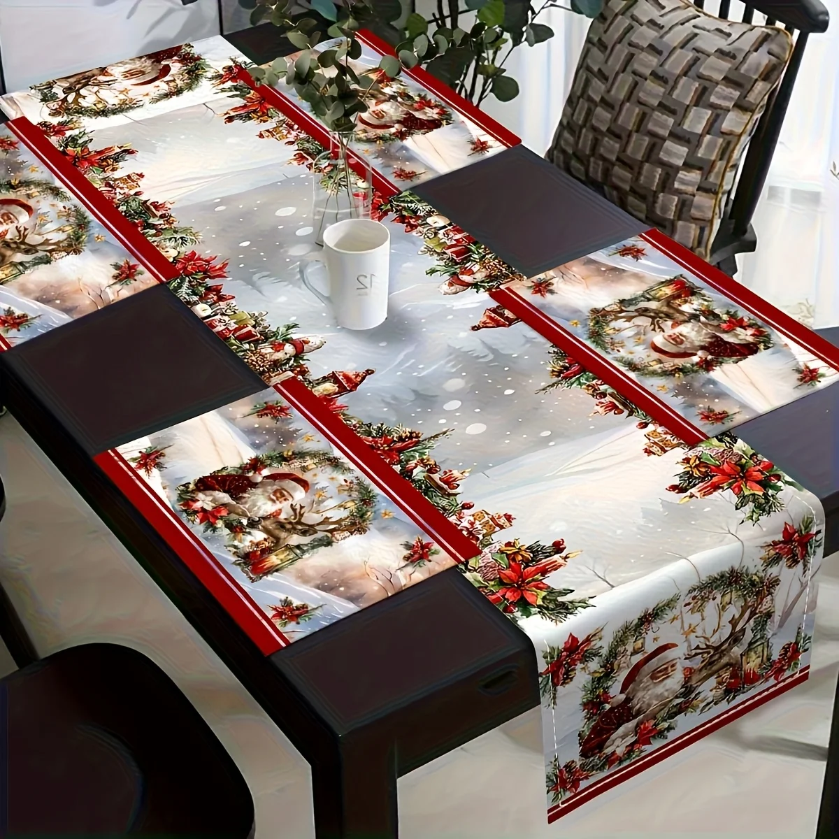 1 x Weihnachts-Tischläufer mit Vintage-Weihnachtsmann- und Rentiermuster, für Feiertagsfeiern im Innen- und Außenbereich
