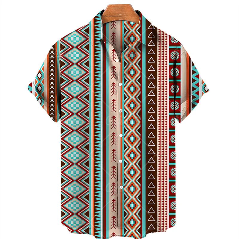 Geometric National Pattern 3d Print Hawaiian Shirt Men Summer Street Short Sleeves Tops Oversized Lapel Button Blouse Clothes