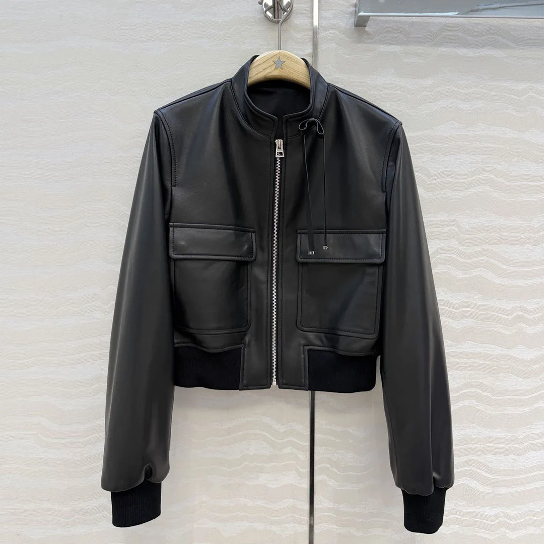 

Vintage Black 100% Sheepskin Leather Coat Women Stand Collar Zipper Ribbon Long Sleeve 2026 New Spring Autumn Chic Jacket