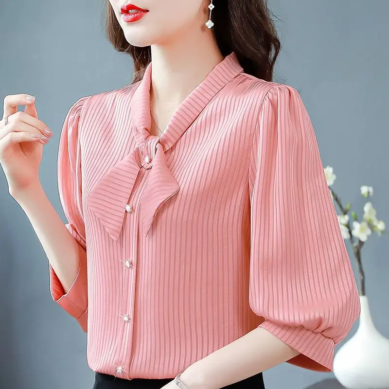 2024 Summer New High End Chiffon Shirt Short Sleeved Women\'s Western Style 3/4 Sleeved Shirt Versatile External Wear Covering Be