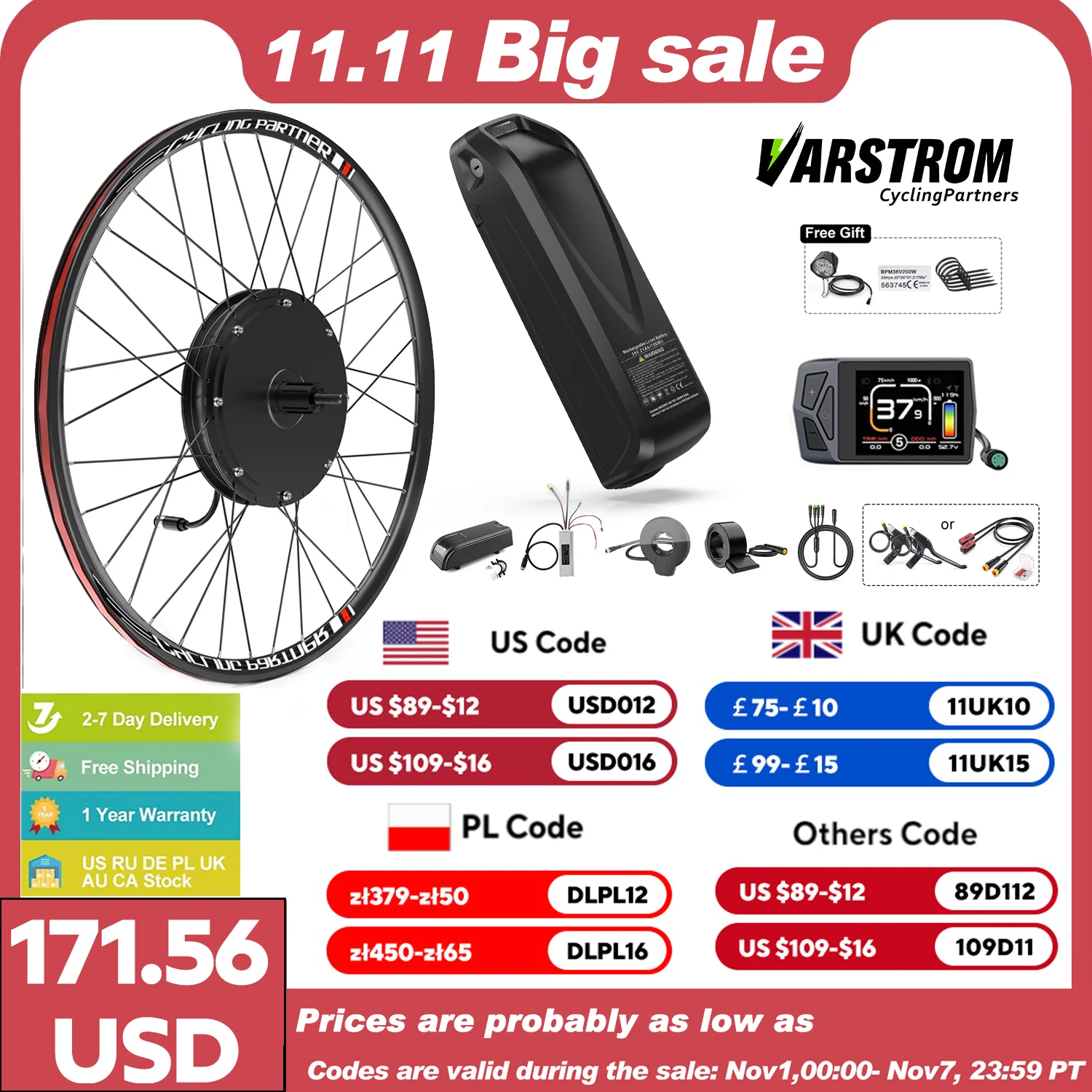 Varstrom Hub Motor Ebike Kit 48V 1000W Gearless Brushelss Motor Electric Bike Bicycle Conversion Kit 13Ah 20Ah Lithium Battery