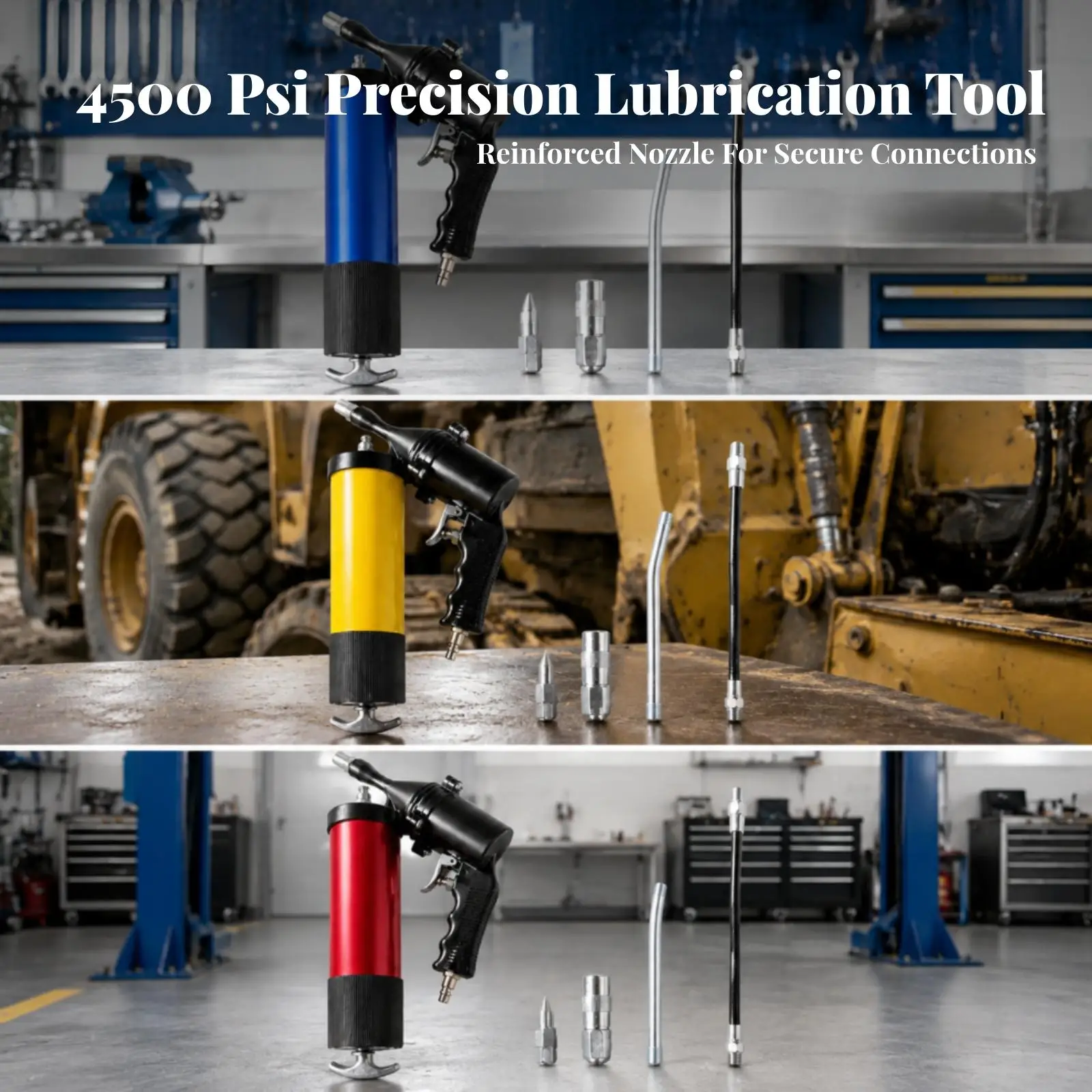 Heavy Duty Pneumatic Grease Injector 4500 PSI Air Lubricator with Bent Pipe and Flexible Hose for Agricultural Equipment