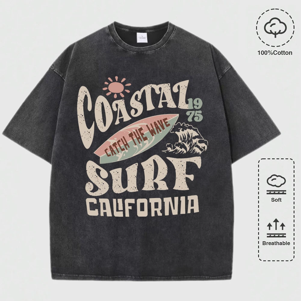 

Coastal Surf Catch The Wave Printing Washed T-Shirt Men Fashions Cotton Summer T Shirts Crewneck Casual Loose Clothes Man Top