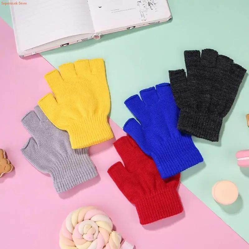 Q5WE 6 Pair Half Finger Gloves Winter Stretchy Knit Fingerless Typing Driving Mittens
