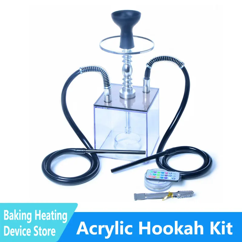 Cube Acrylic Hookah Kit With LED Light 2 Hose Bowl Chicha Nargile Hookahs Narguile Cachimbas Transparent Shisha Box Set