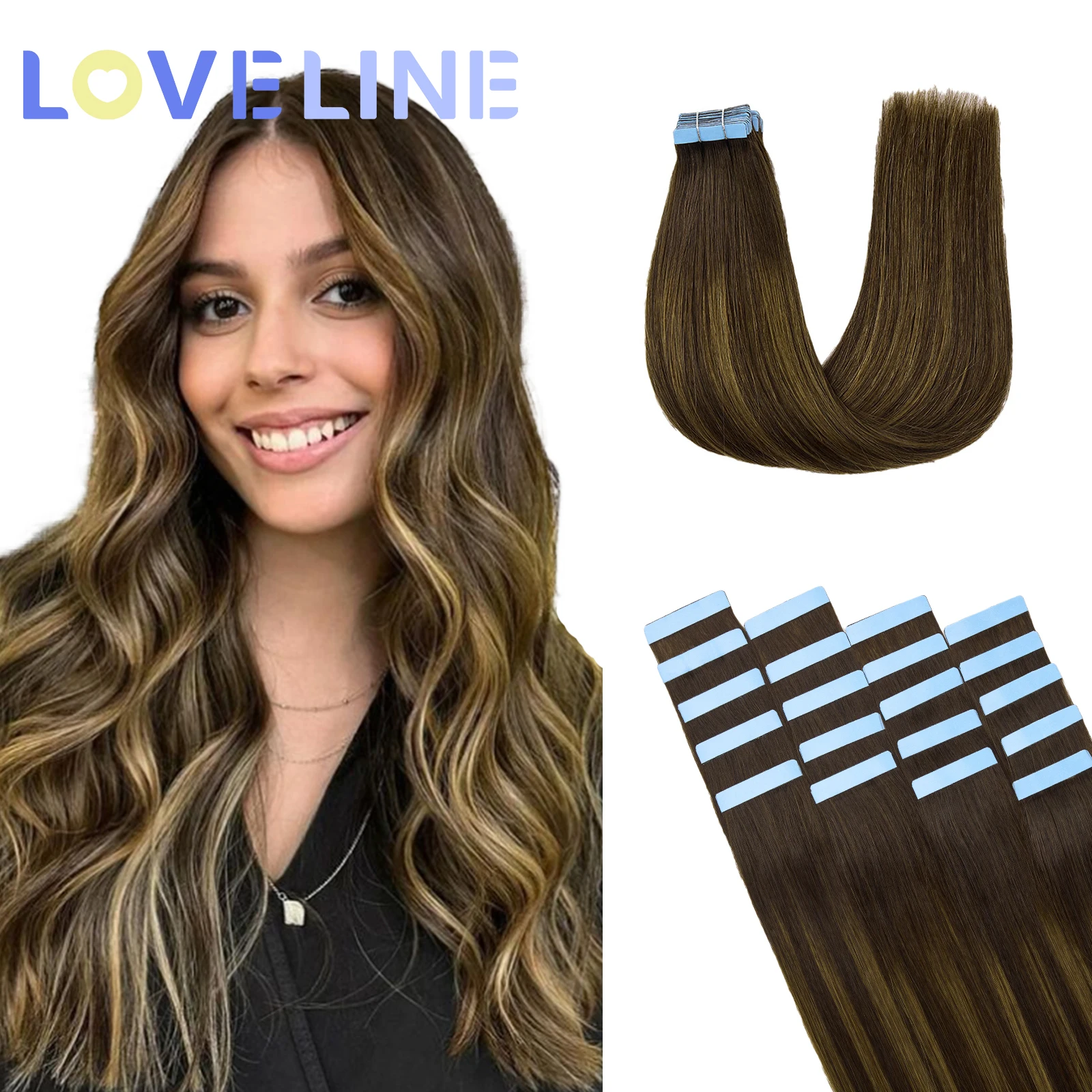 LOVELINE Balayage coklat tua campuran kastanye coklat ekstensi rambut manusia lurus Remy pita PU pakan kulit tak terlihat dalam ekstensi