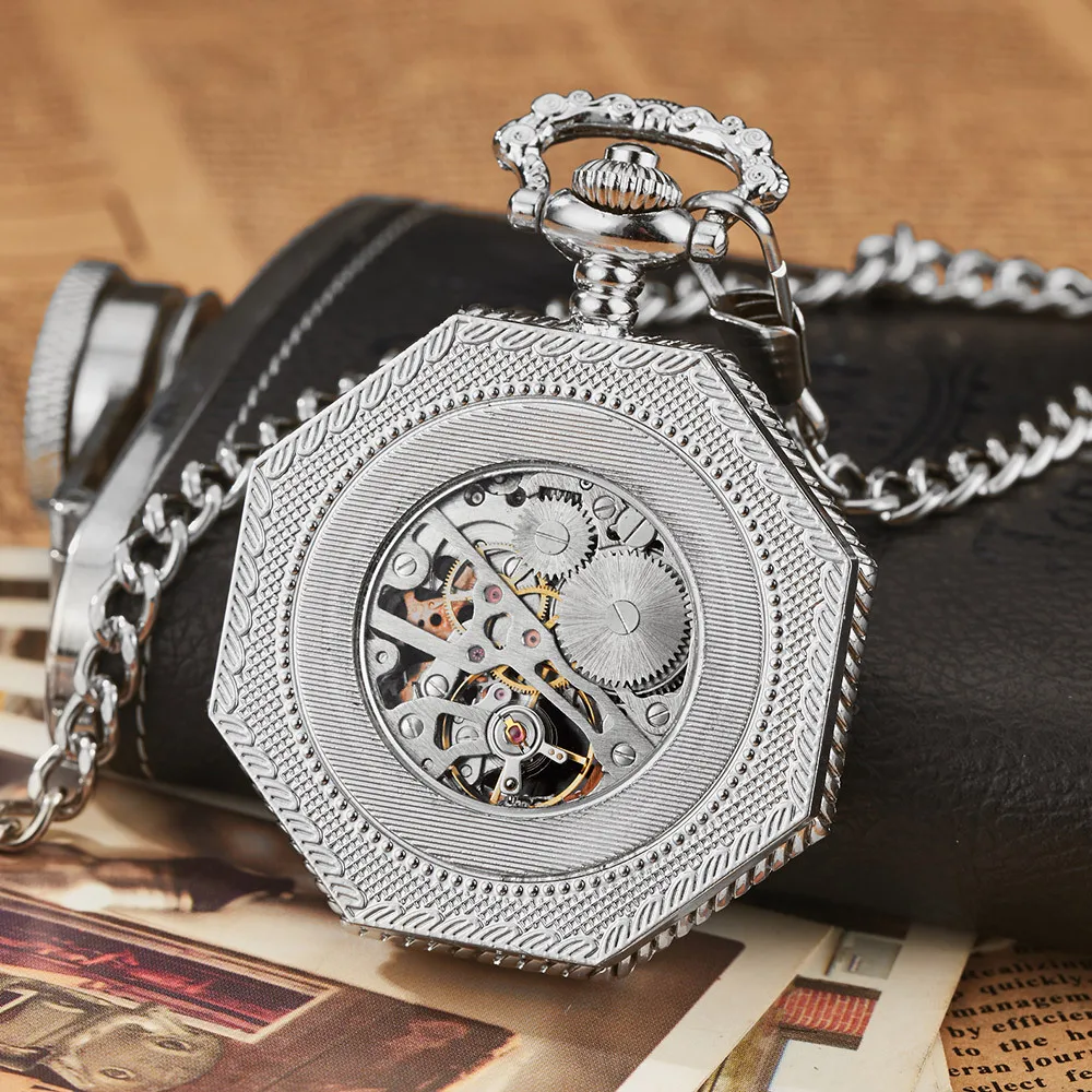 Ramadan Classic Hexagonal Mechanical Pocket Watch FOB Chain Steampunk Roman Dial Skeleton Gold Hollow Steel Men's Pocket Watch