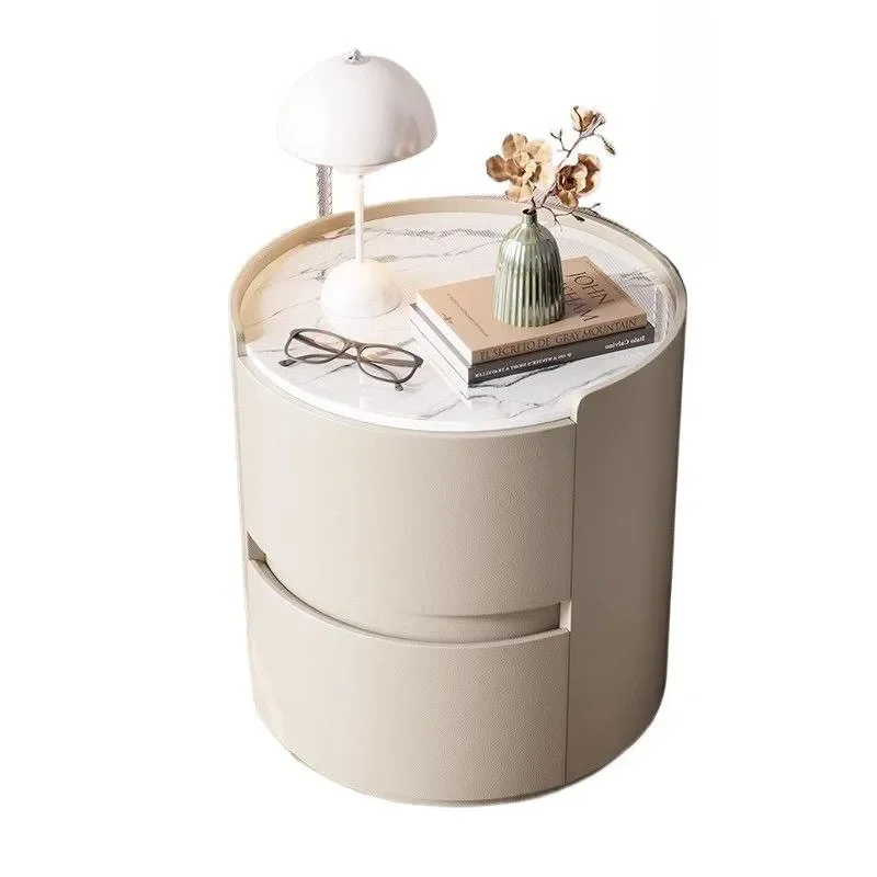 Modern Round Nightstand Sintered Stone Top Solid Wood Base Minimalist Luxury Bedroom Storage Side Table for Living Room