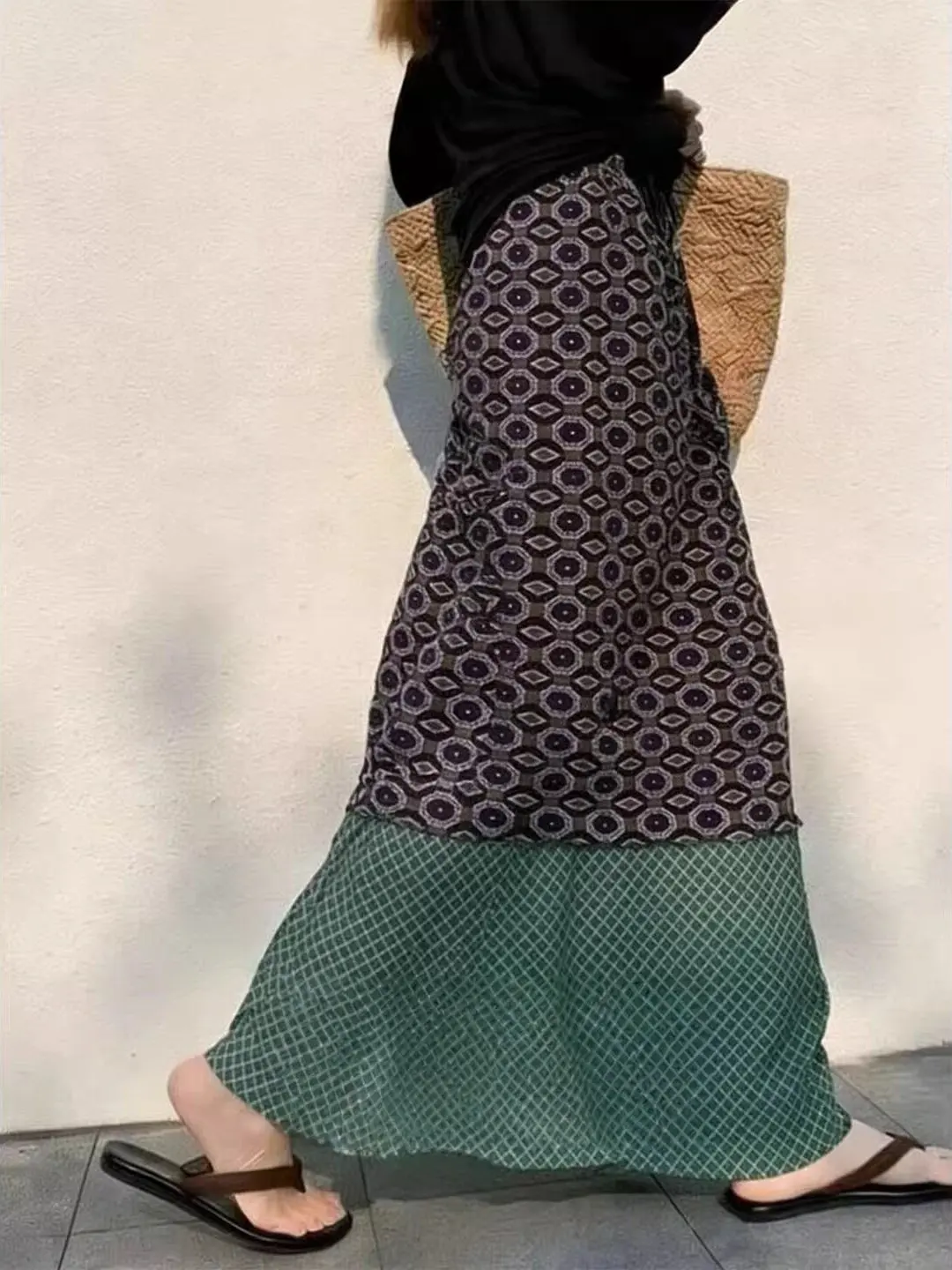 Bohemian Print Splice High Waist A-Line Midi Skirt Women's plus Size Fashionable Beach Vacation Style High Quality Feeling
