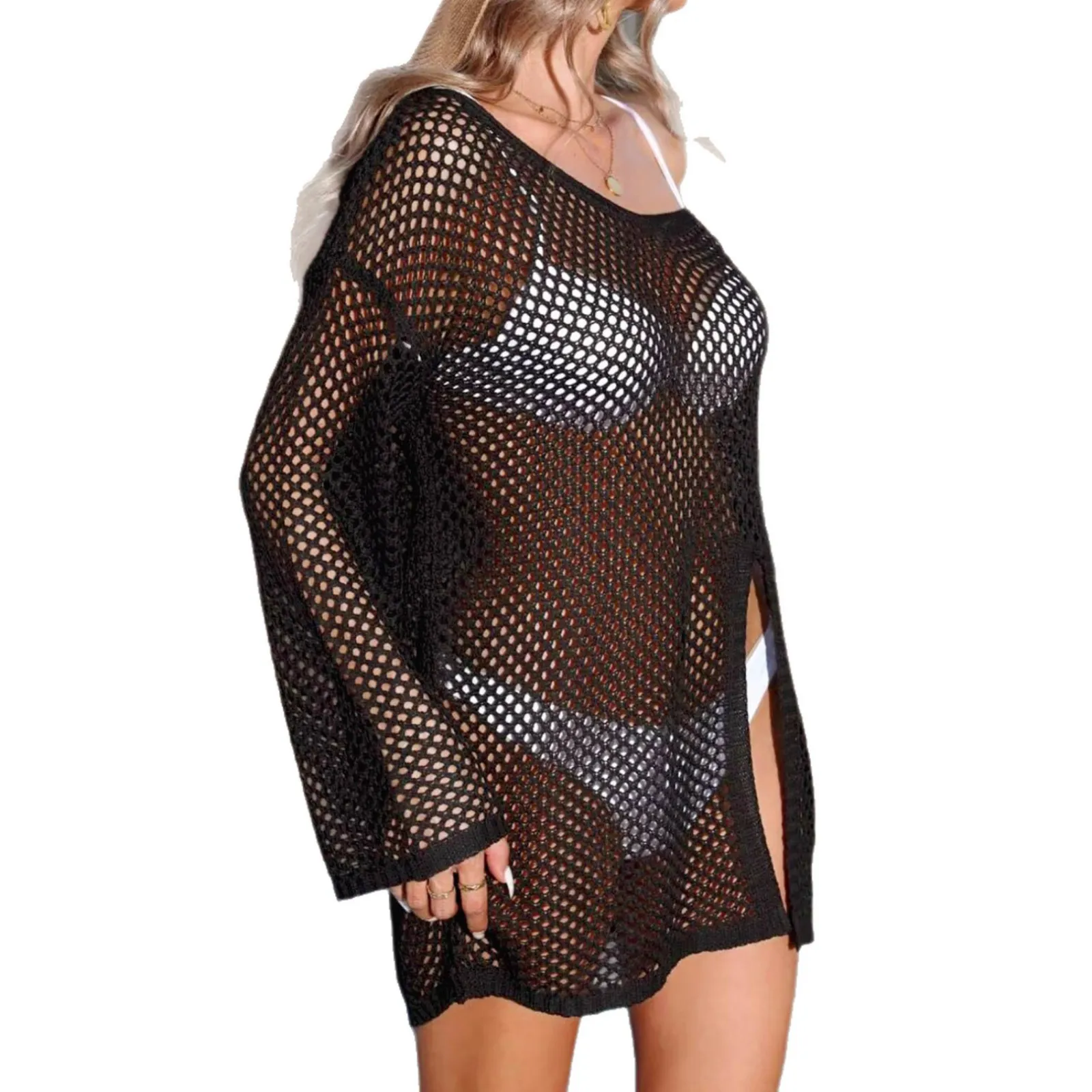Asymmetrical V-neck cover-up with openwork side slits, bikini cover-up, and beach skirt