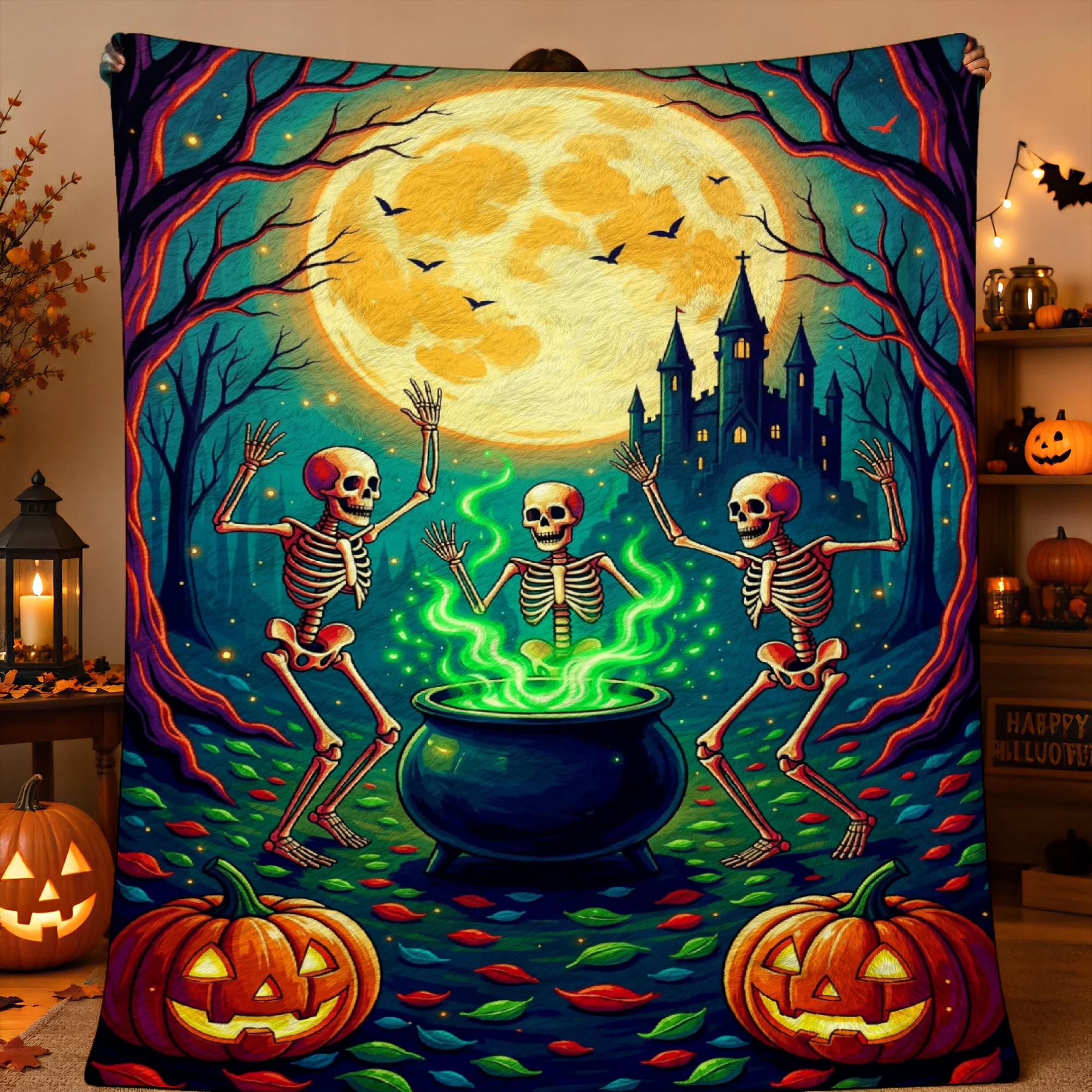 1pc 2D Printed Three Skeletons Dancing Around Green Cauldron Under Full Moon Haunted Castle Jack O Lanterns Halloween Throw Blan