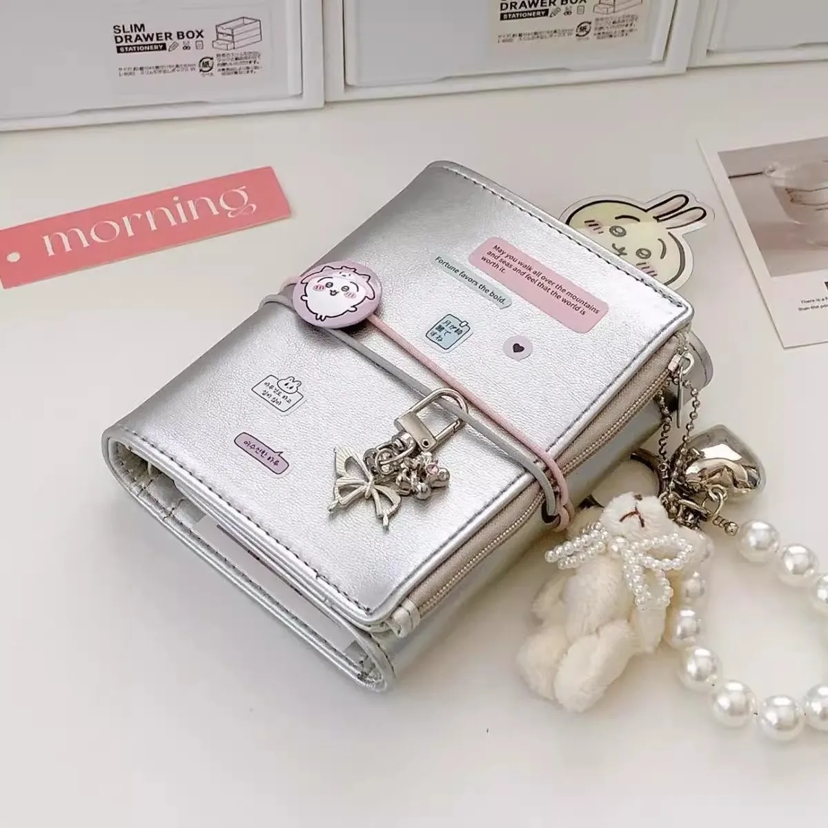 Silver PU Leather M5 Loose Leaf Binder Notebook with Elastic Band Portable Journal Planner for Students
