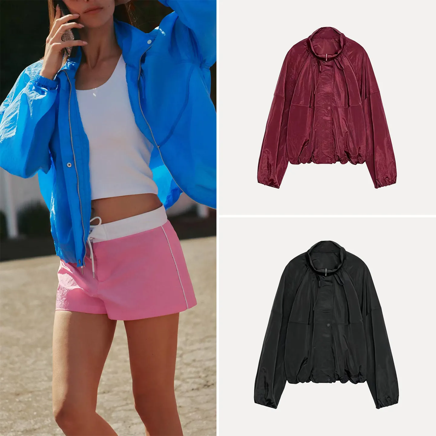 

Loose Fit Long Sleeve Stand Collar Pleated Nylon Jacket Women's Fashion Summer New Arrival ZADATA Brand Outerwear