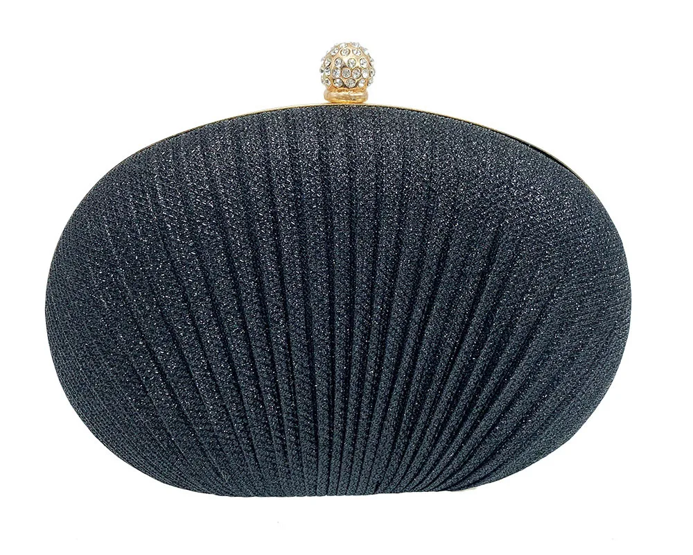 Black Pleated Glitter Clutch, Rhinestone Snap Hard Shell Evening Bag For Wedding Banquet Mature Ladies Bolsos De Mujer Tendencia