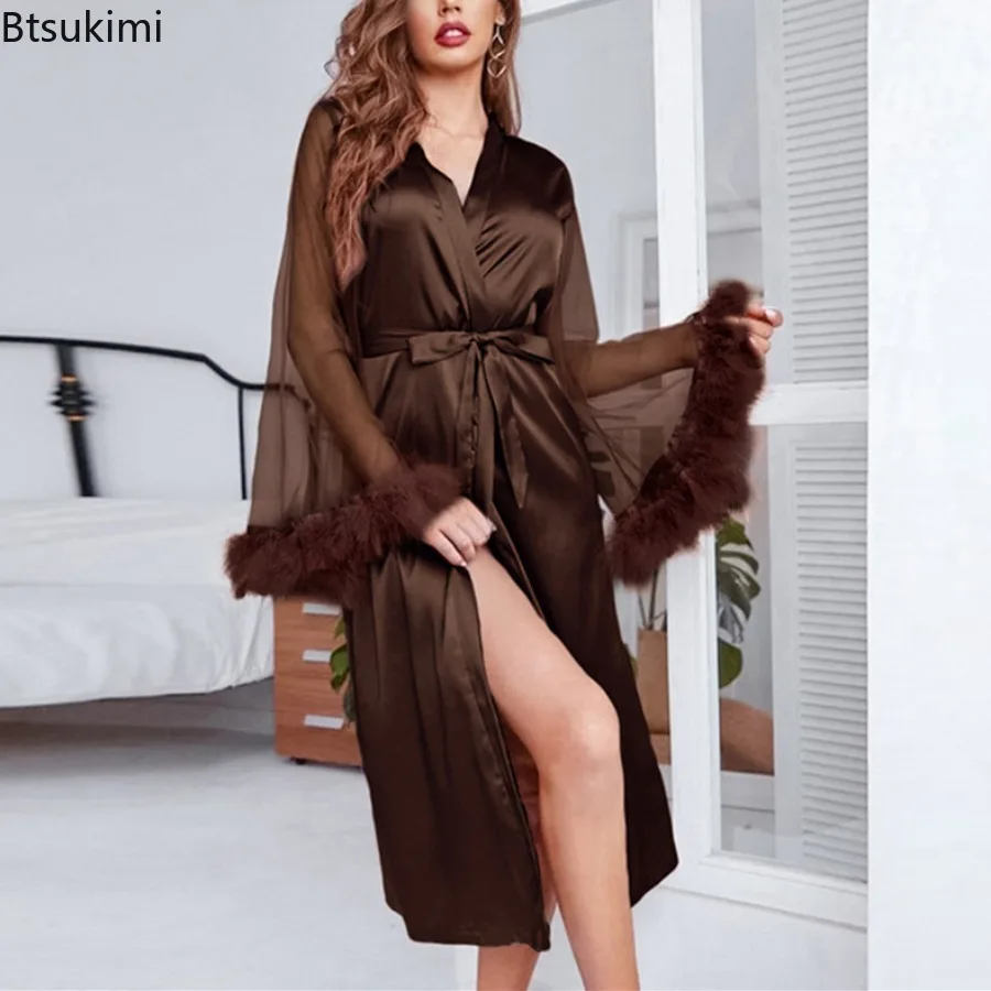 Imitation Silk Feather Long Sleeve Pajamas for Women Simulation Silk Pajamas Nightgown Robe Comfortable Homewear Clothing Female
