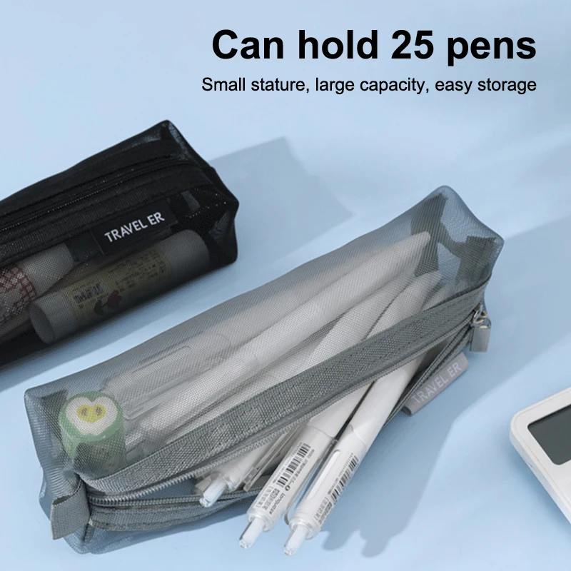 Einfache Nylon Tasche Organizer Mesh Federmäppchen Transparent Federmäppchen Büro Student Schreibwaren Schulbedarf