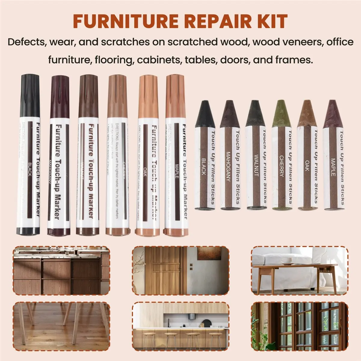 

Набор для ремонта мебели Y17A: маркеры для дерева (13 шт.) и восковые карандаши с точилкой, для устранения царапин, для деревянных полов