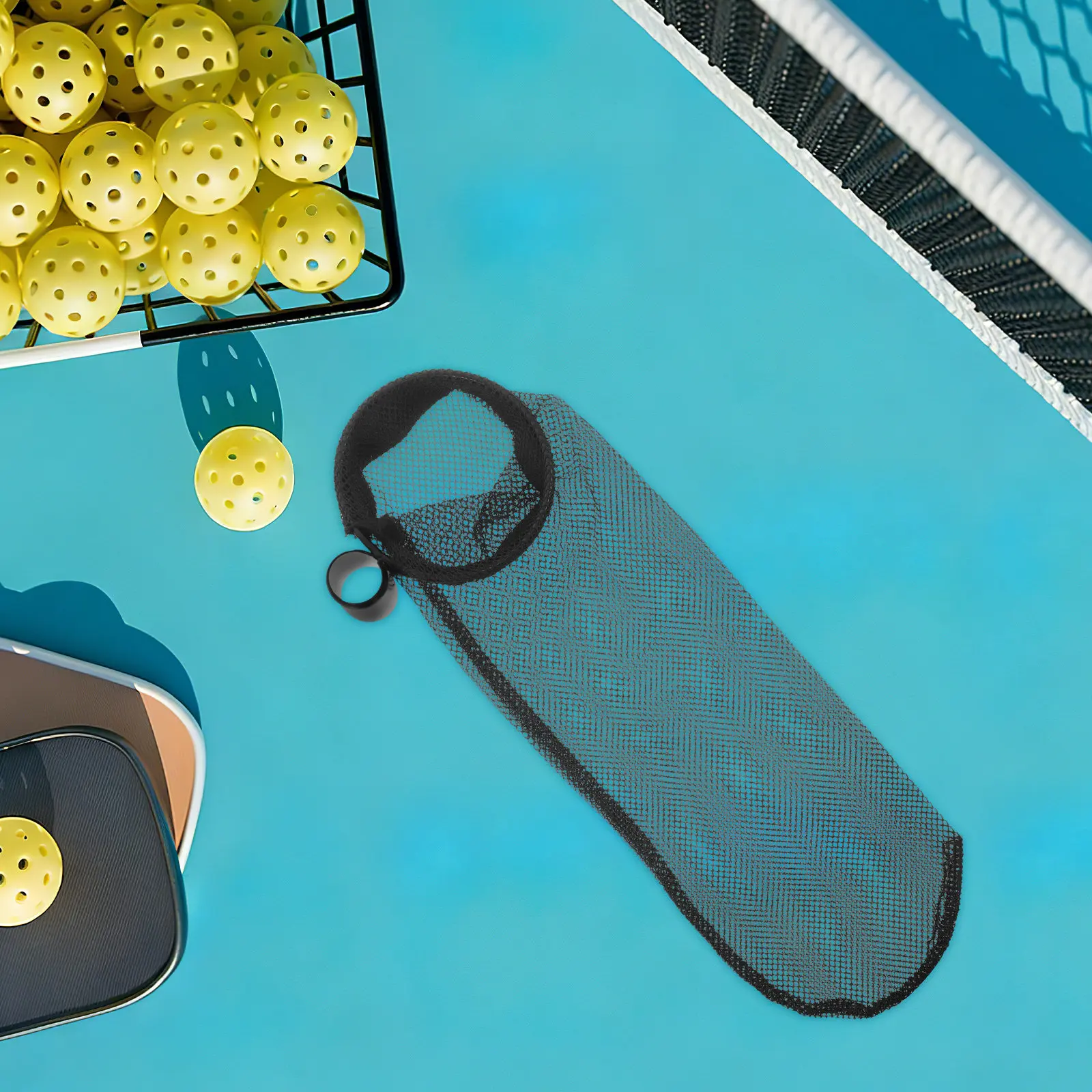 Adjustable Pickleball Ball Holder with Mesh Storage Pouch Freestanding Or Fence-Mounted for Indoor Outdoor Training Easy Setup