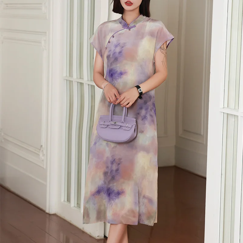 Chinese Style Cheongsam Dress Vintage Print Stand Up Collar Buckle Dress Summer Women's Clothing Fashion Purple Skirt