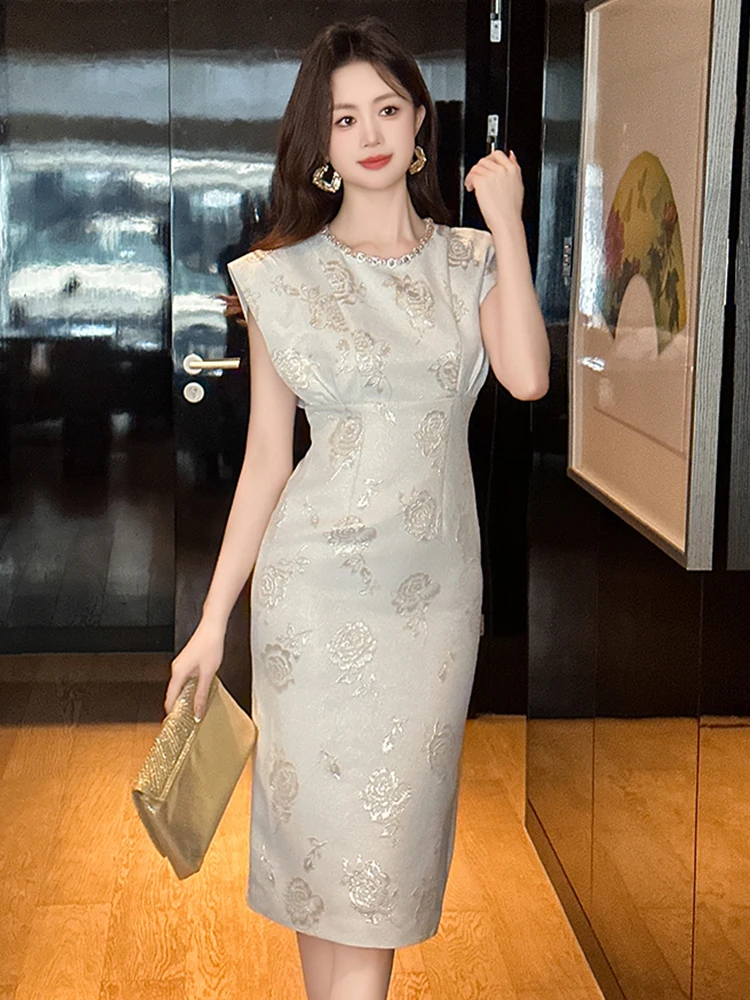 แฟชั่นฤดูร้อนทํางานสไตล์อย่างเป็นทางการชุดดินสอเสื้อผ้าผู้หญิง Elegant Rose พิมพ์ Slim Midi Party Prom Vestidos