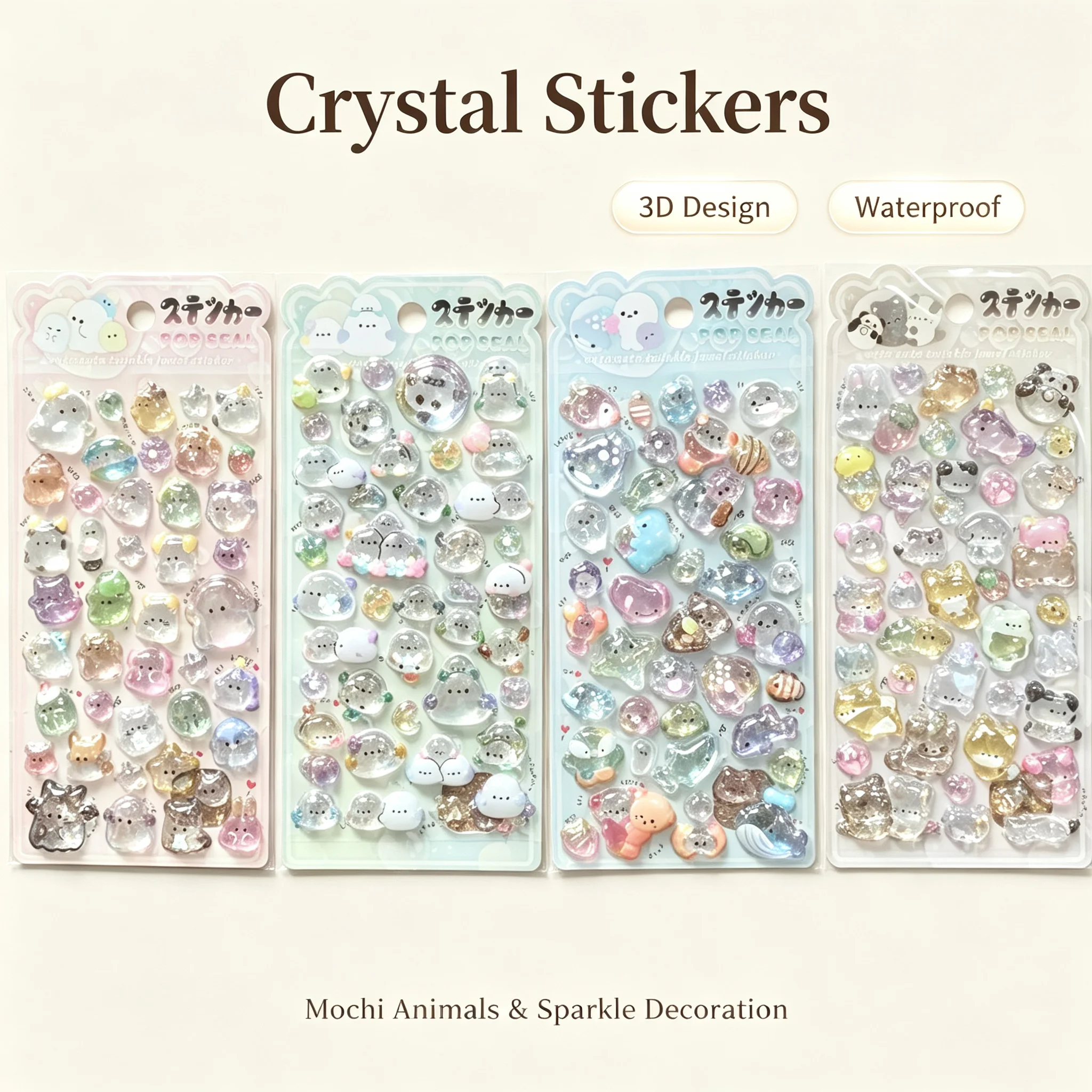 4Sheets Kawaii Mochi Animal Crystal Stickers, 3D Epoxy Glossy Mini Cartoon Stickers Sparkle Decorative Stickers for DIY Crafts