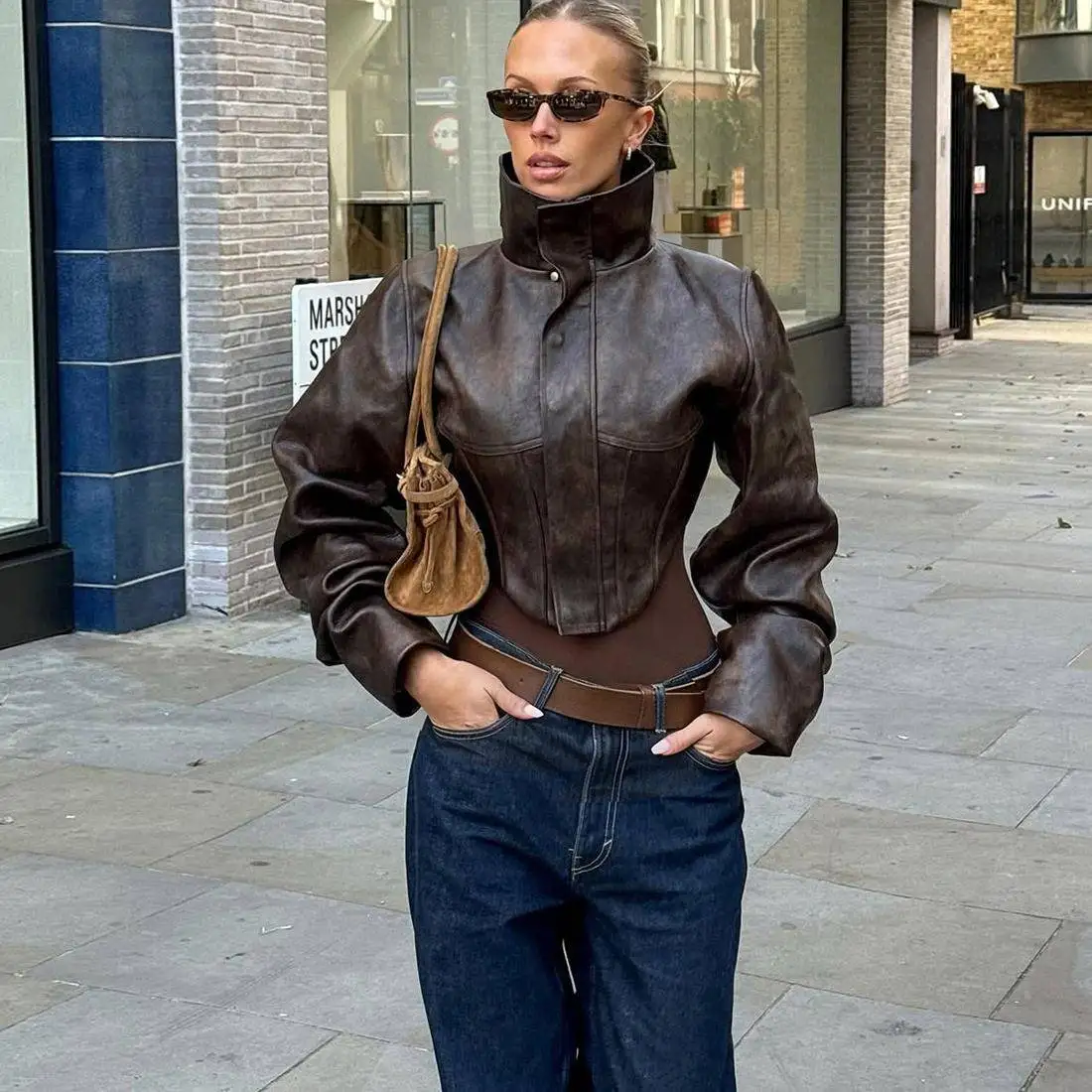

Slim Fit Short Pure Color Zipper Fishbone PU Leather Jacket Women's Outerwear Autumn Winter New Style Stand Collar Slimming E...
